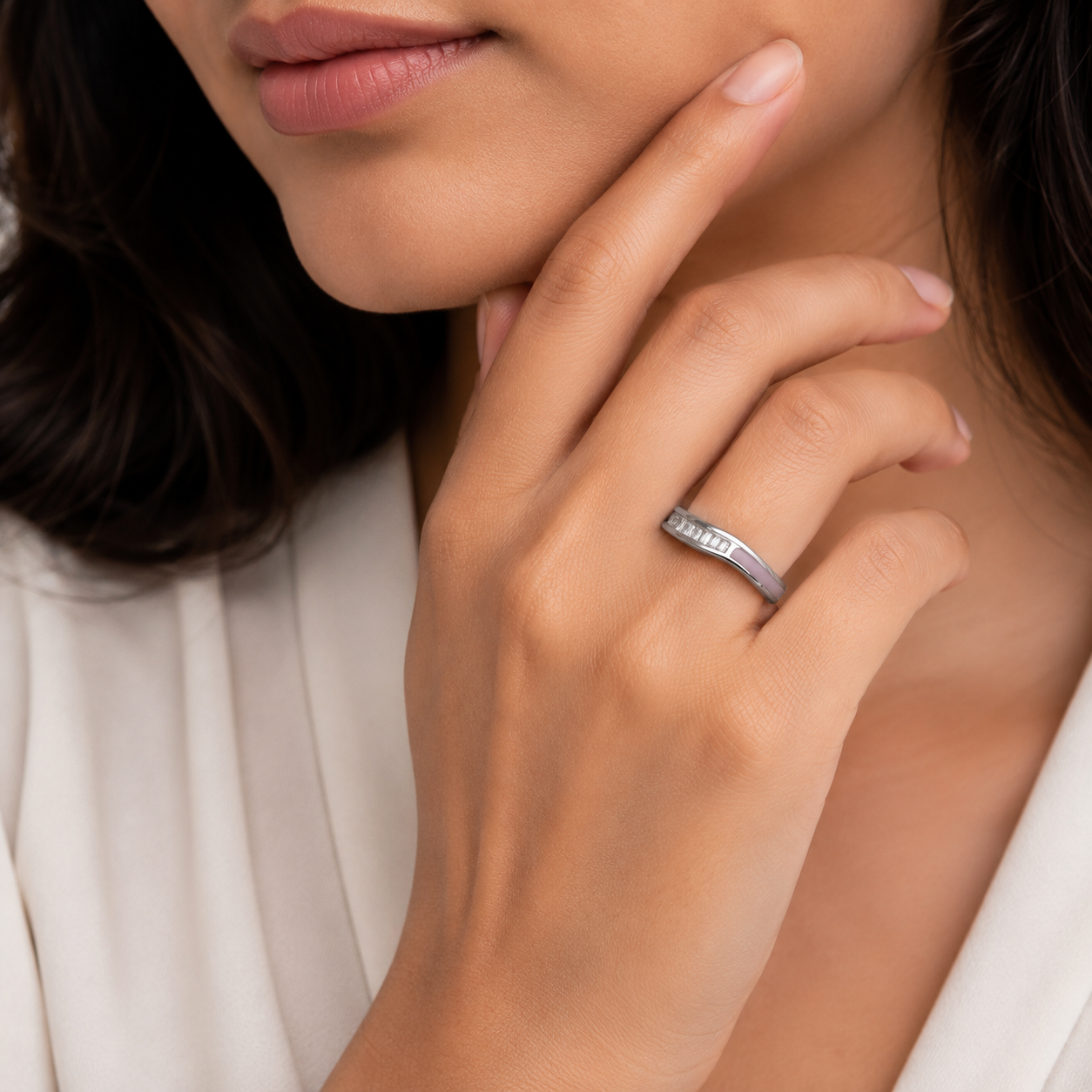 Silver Pink and Baguette Crossover Band Ring
