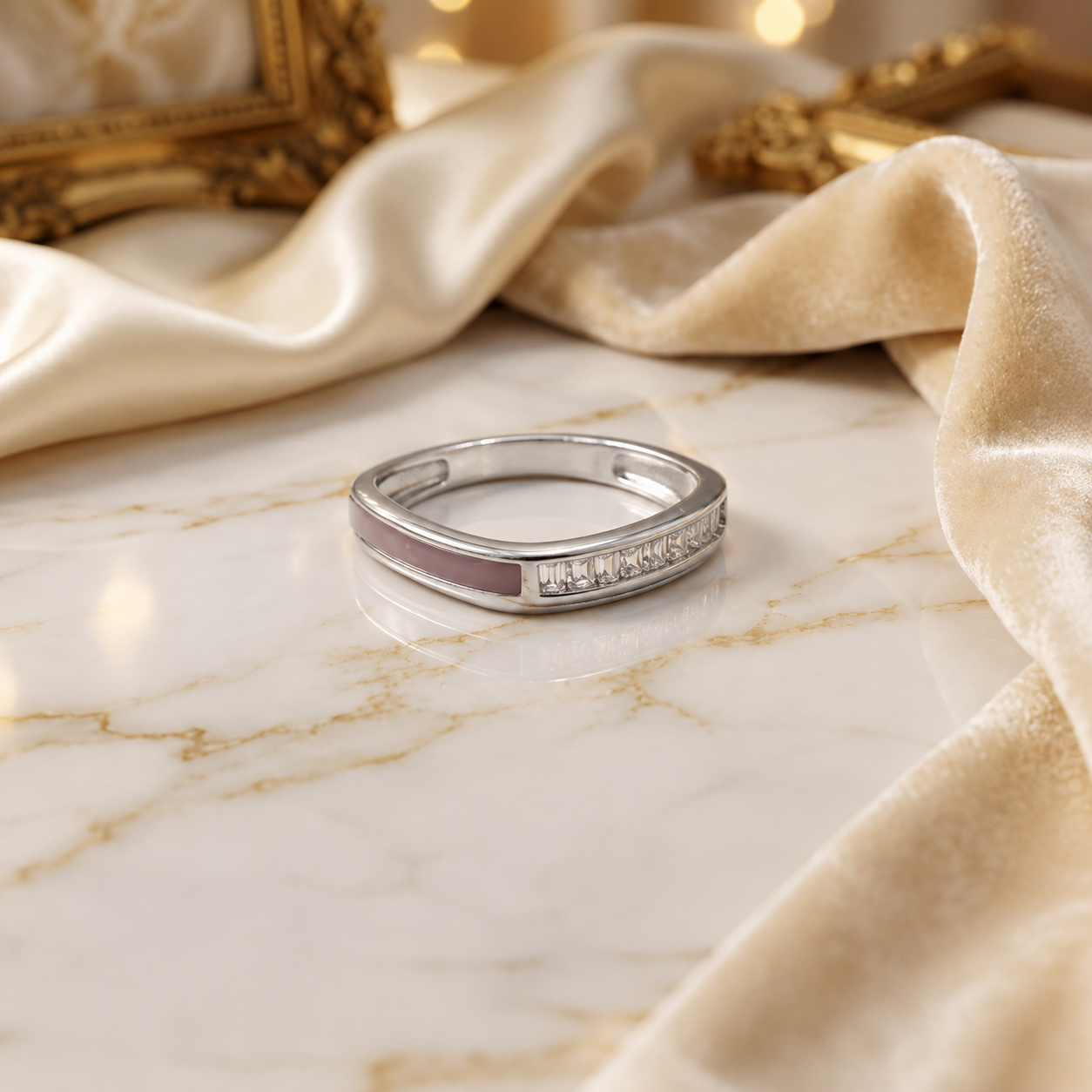Silver Pink and Baguette Crossover Band Ring