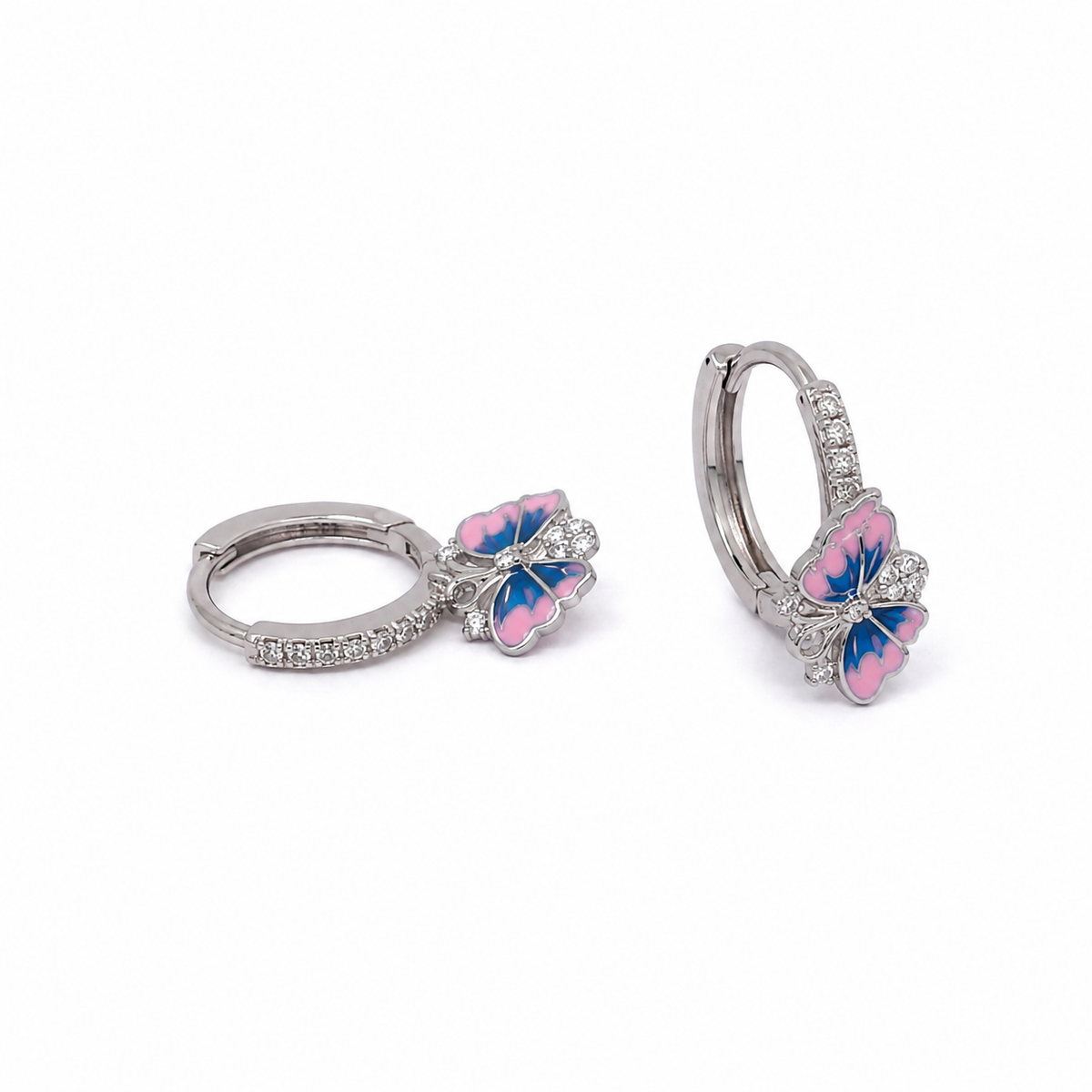 Silver Pink and Blue Enamel Butterfly Huggie Drop Earrings
