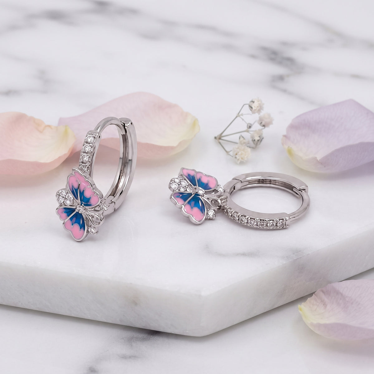 Silver Pink and Blue Enamel Butterfly Huggie Drop Earrings