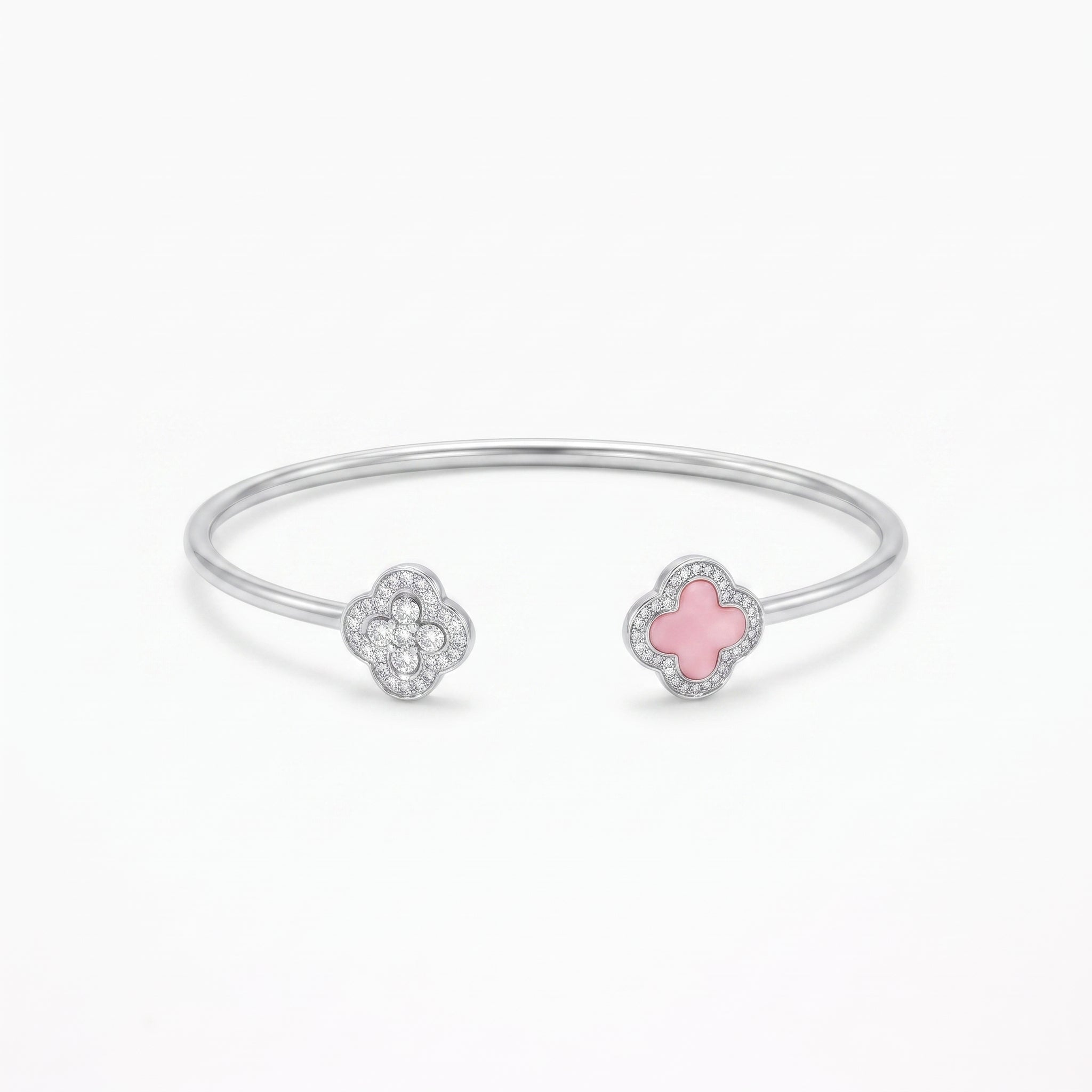 Silver Pink and Pave Clover Wire Cuff Bracelet