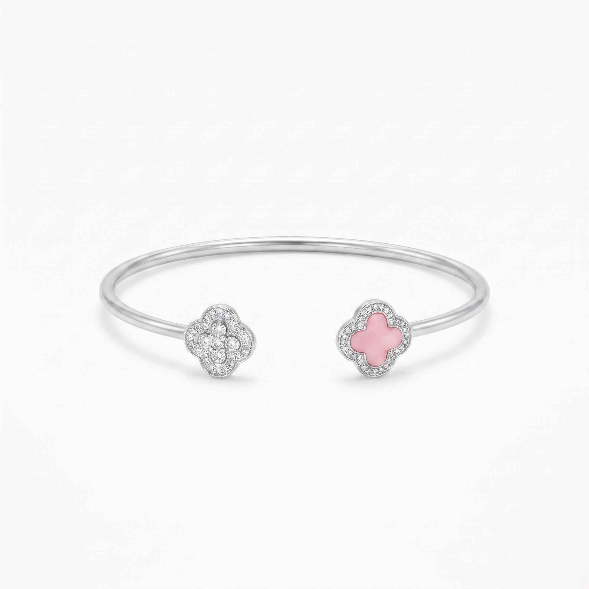 Silver Pink and Pave Clover Wire Cuff Bracelet