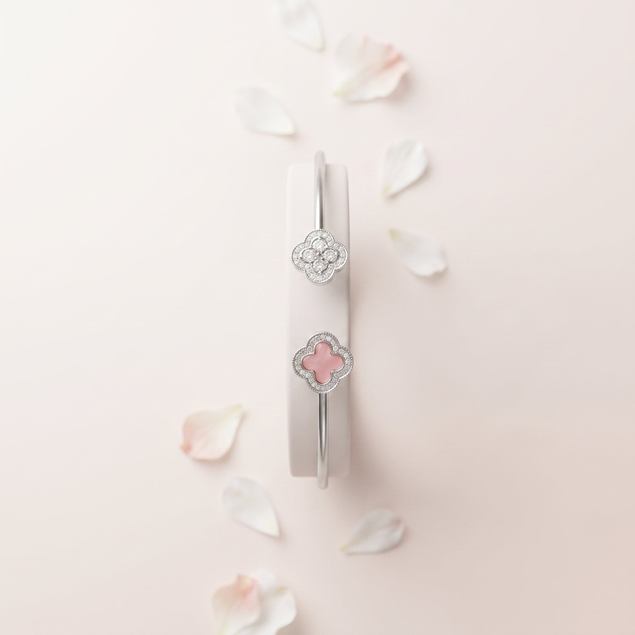 Silver Pink and Pave Clover Wire Cuff Bracelet