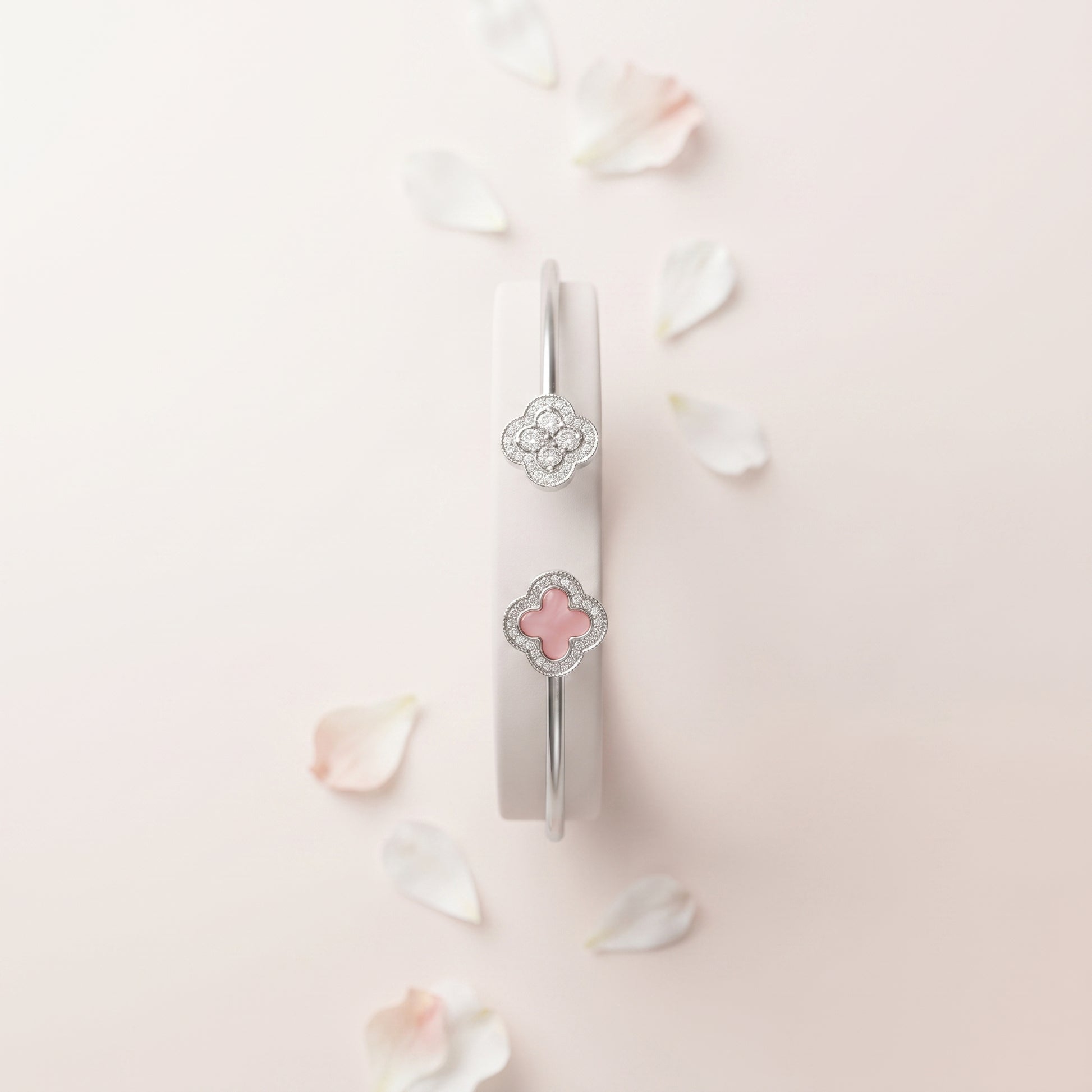 Silver Pink and Pave Clover Wire Cuff Bracelet