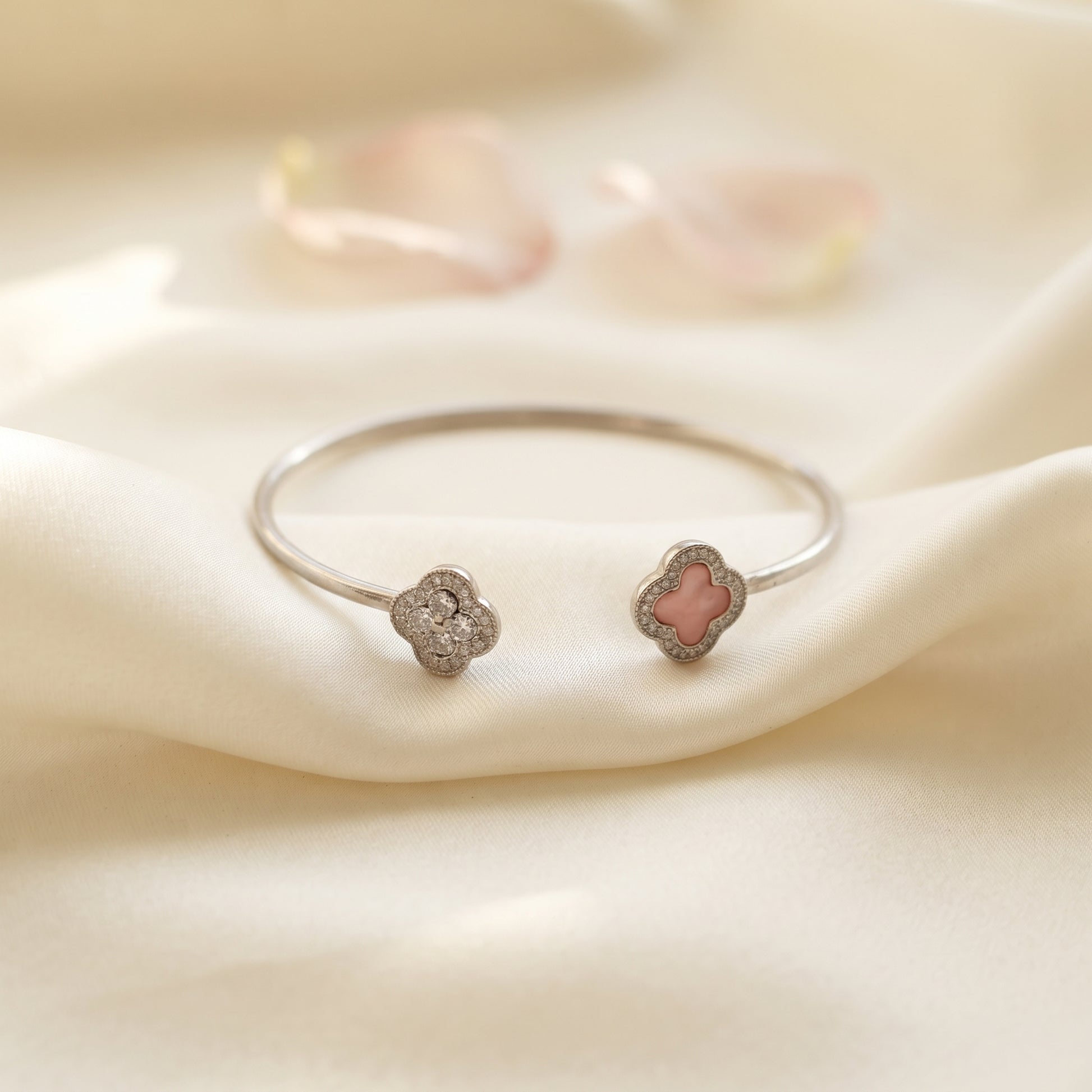 Silver Pink and Pave Clover Wire Cuff Bracelet