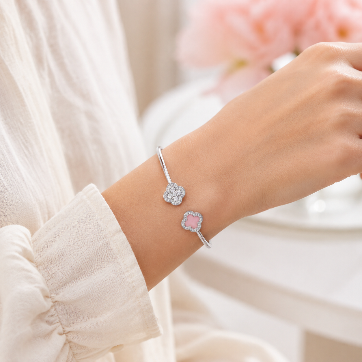 Silver Pink and Pave Clover Wire Cuff Bracelet