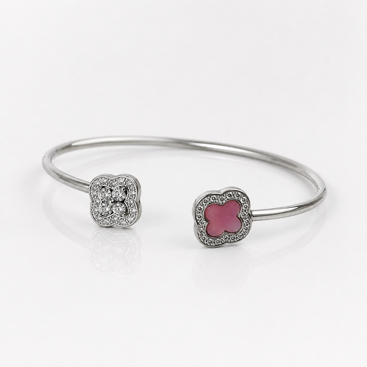 Silver Pink Clover Open Cuff Bracelet