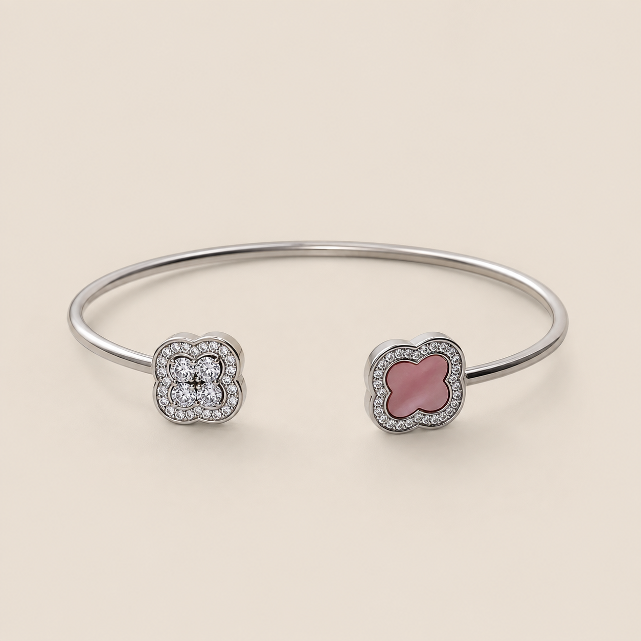 Silver Pink Clover Open Cuff Bracelet