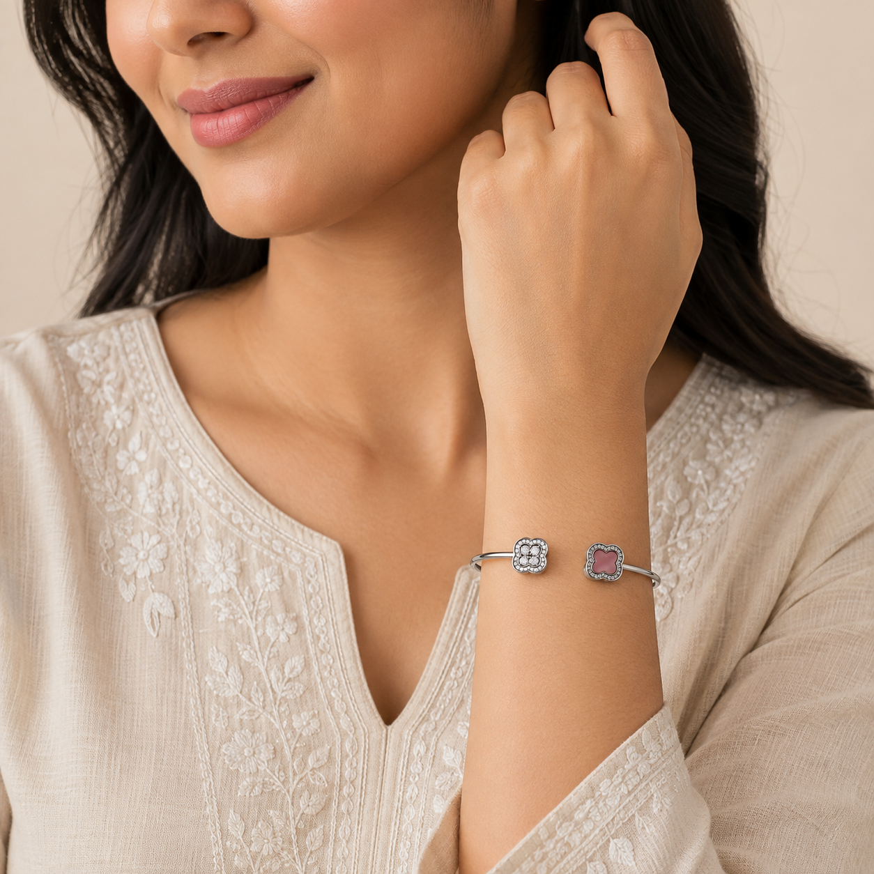 Silver Pink Clover Open Cuff Bracelet