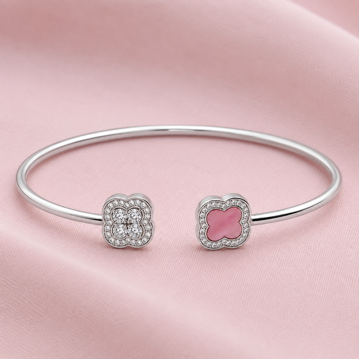 Silver Pink Clover Open Cuff Bracelet