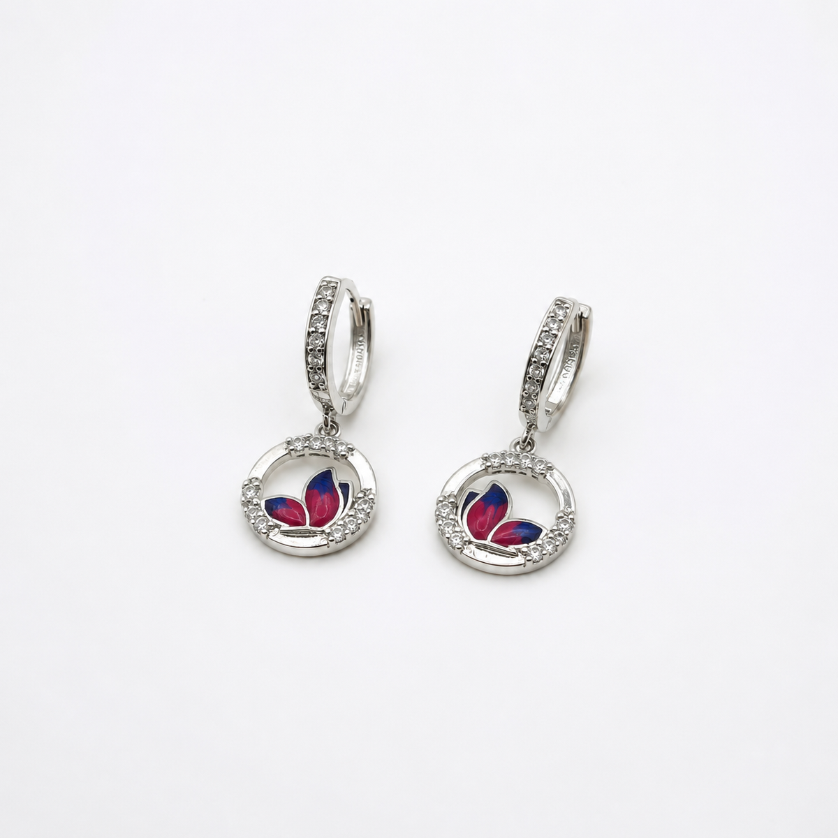 Silver Pink Enamel Drop Earrings