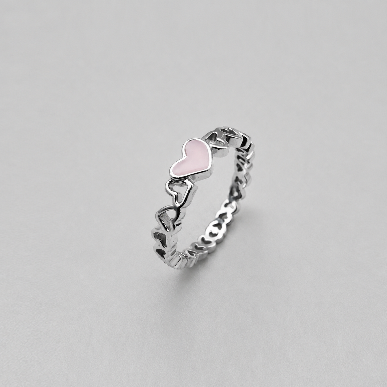 Silver Pink Enamel Heart Chain Band Ring