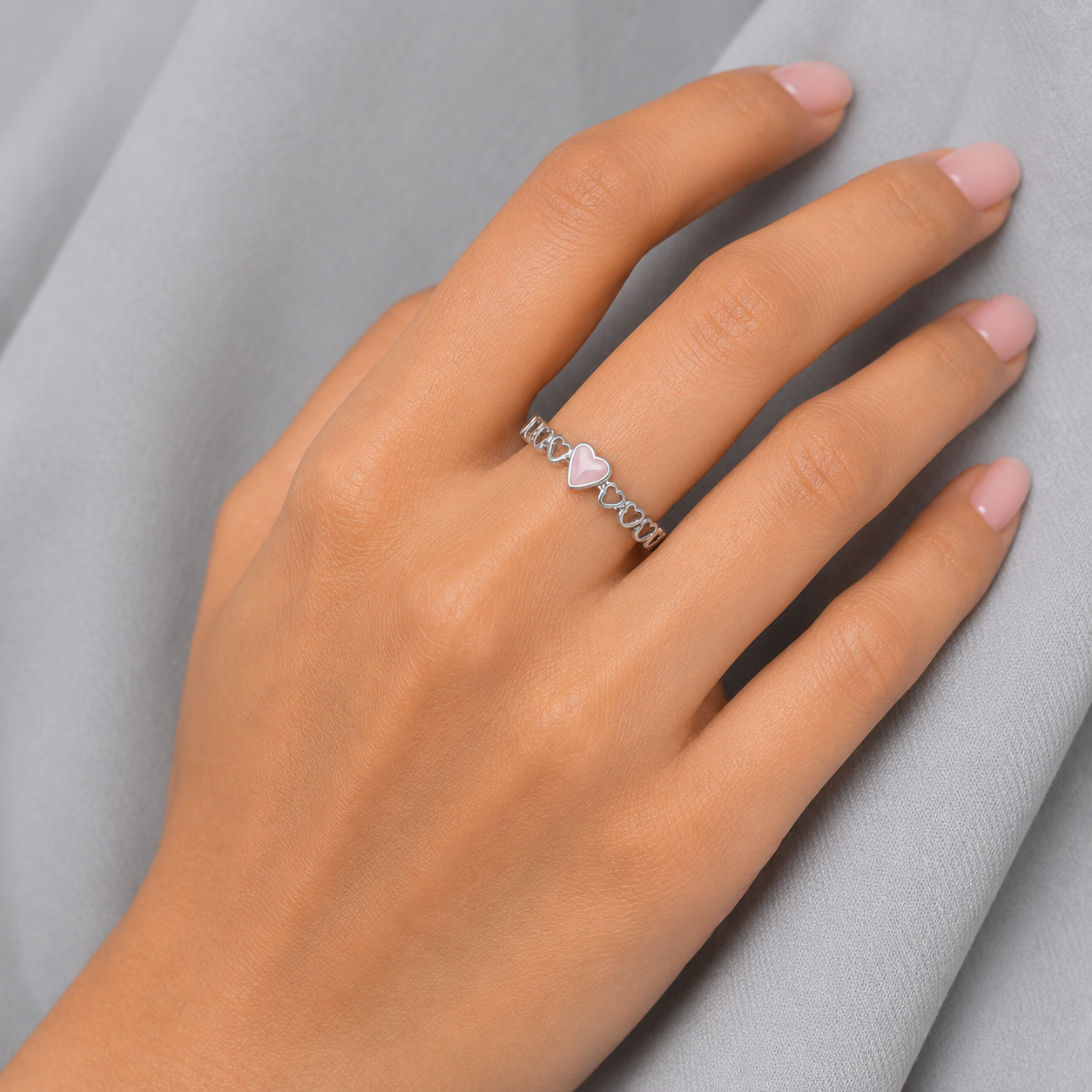Silver Pink Enamel Heart Chain Band Ring