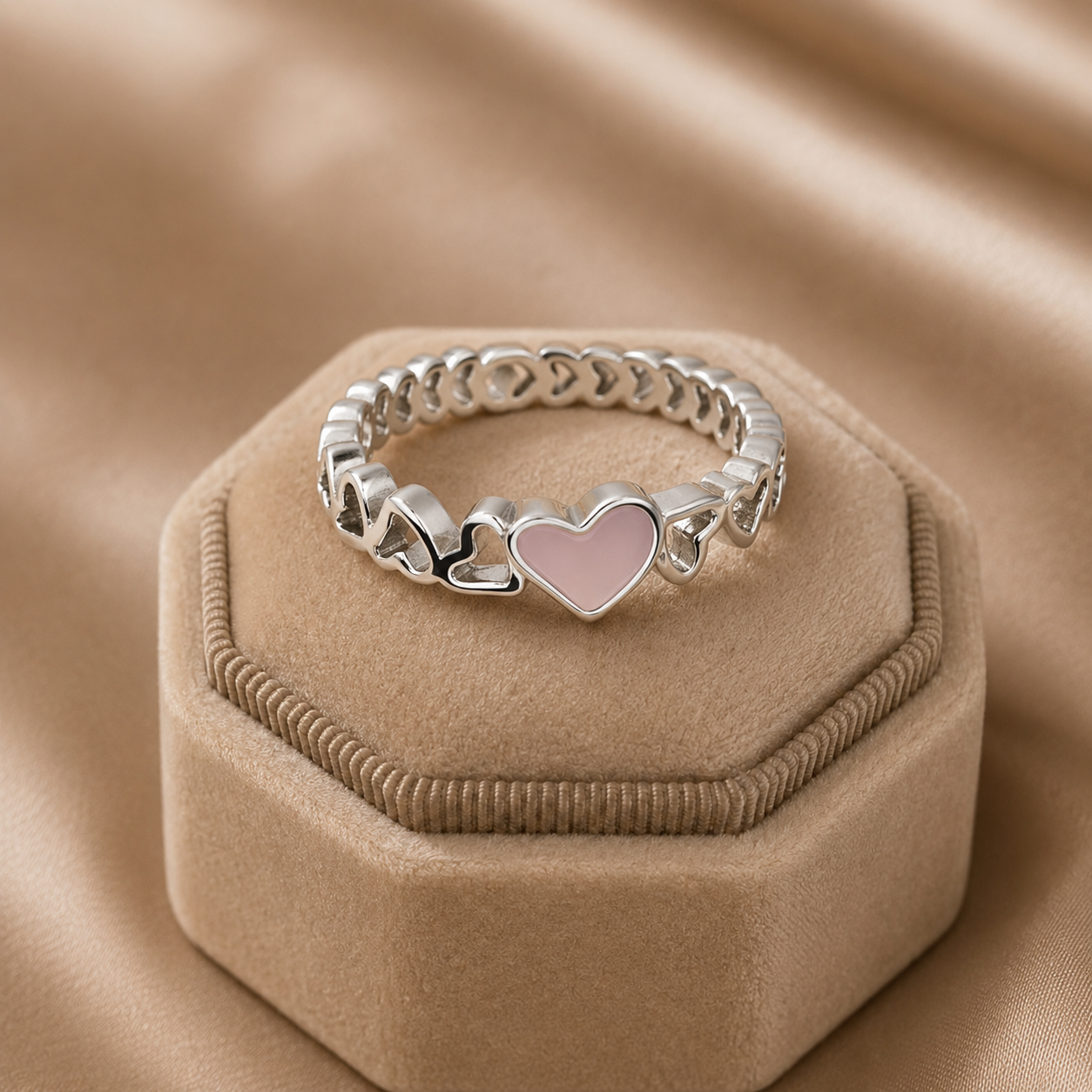 Silver Pink Enamel Heart Chain Band Ring