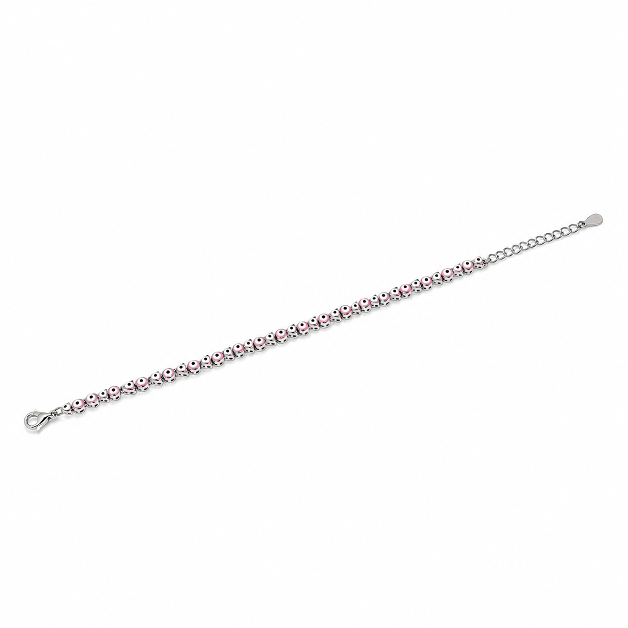 Silver pink evil eye beaded bracelet in 925 sterling silver