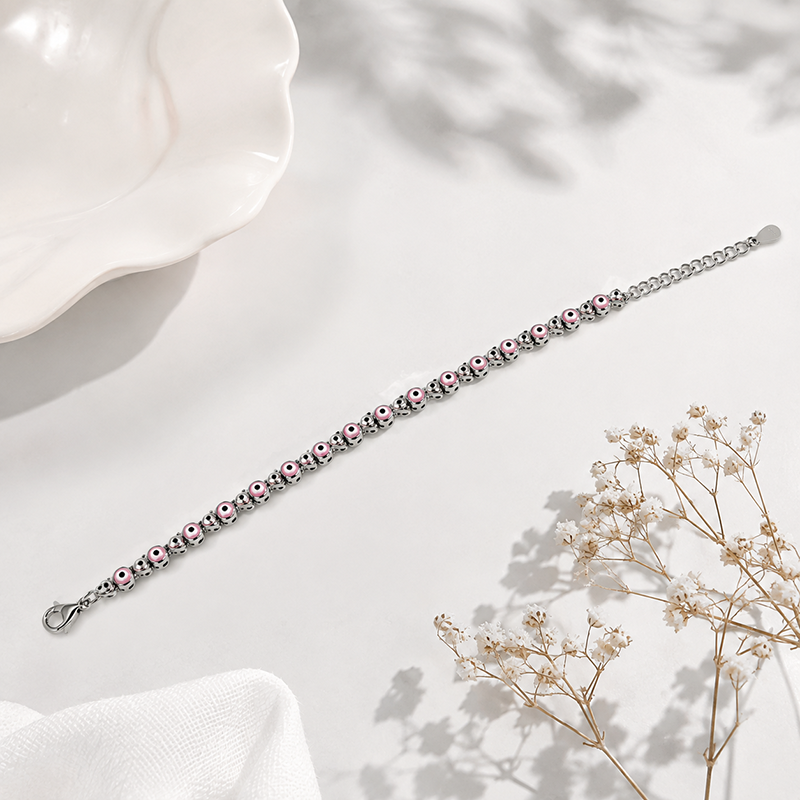 Silver pink evil eye beaded bracelet in 925 sterling silver