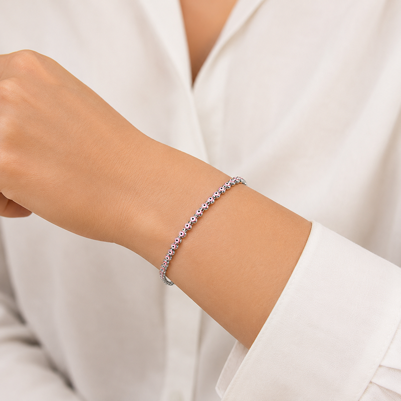 Silver pink evil eye beaded bracelet in 925 sterling silver