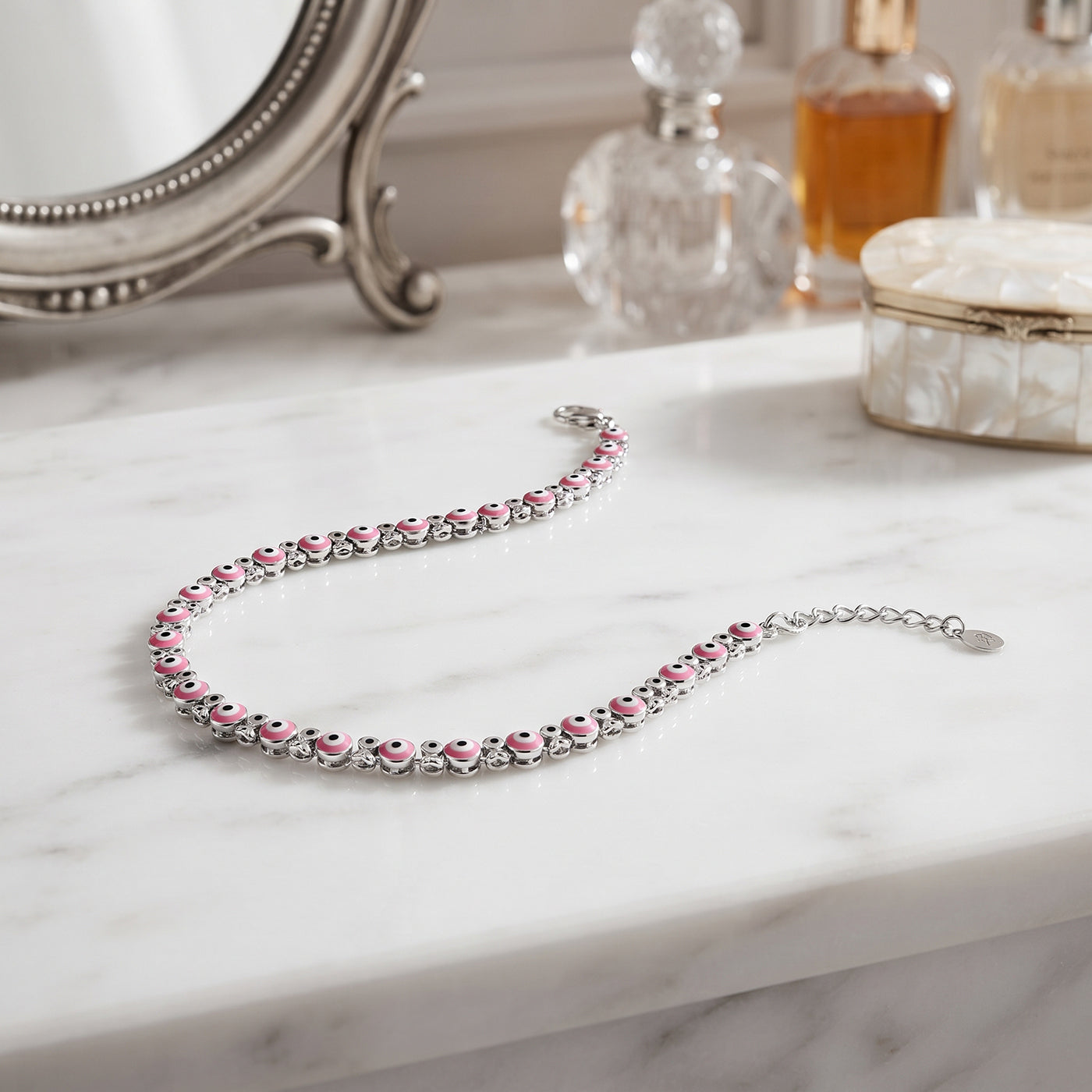 Silver pink evil eye beaded bracelet in 925 sterling silver