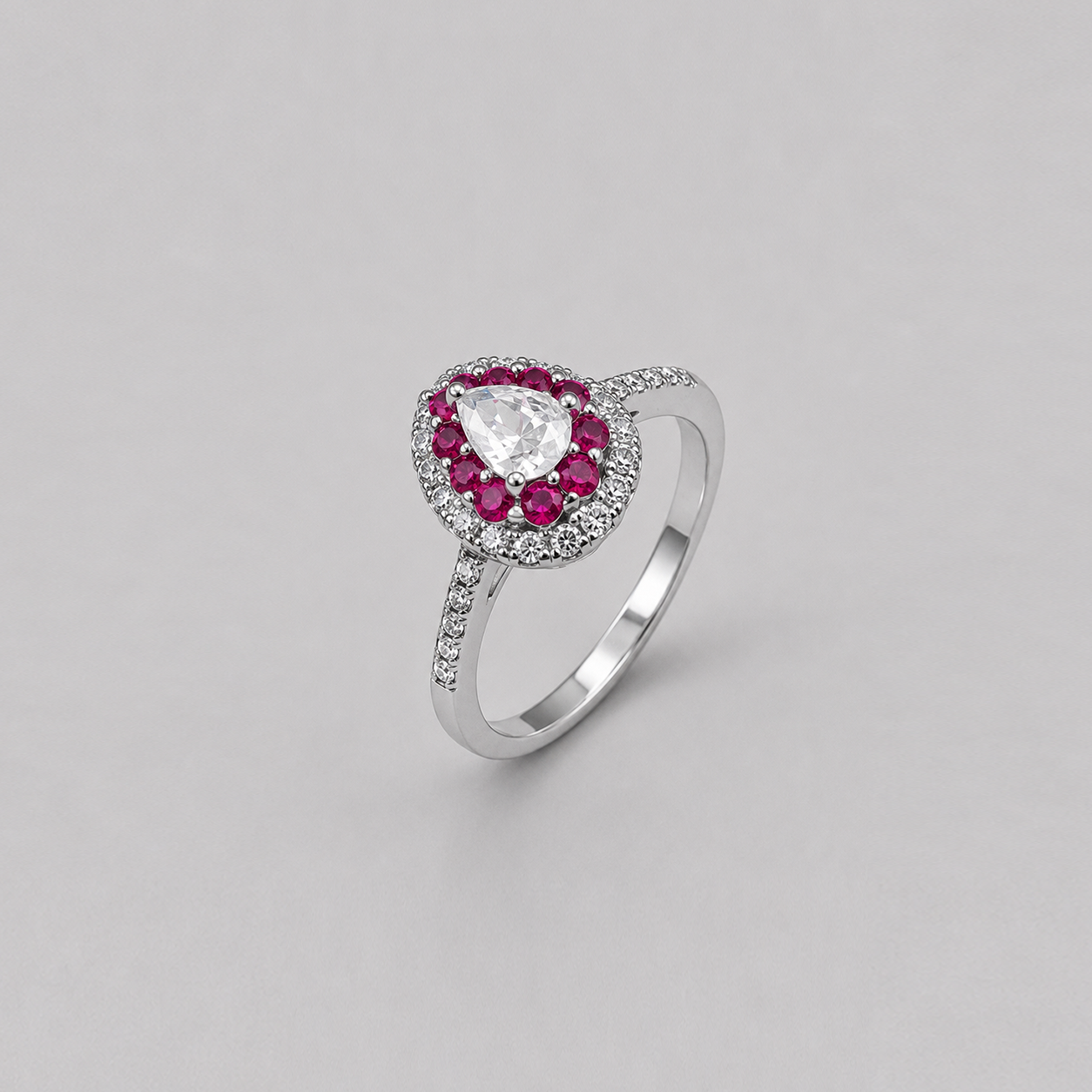 Silver Pink Halo Heart Ring