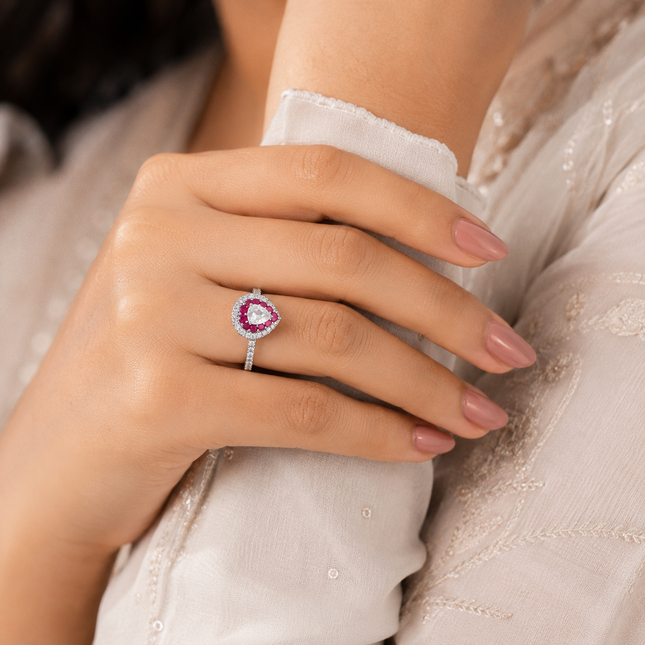 Silver Pink Halo Heart Ring