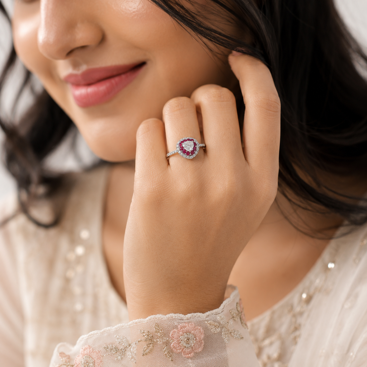 Silver Pink Halo Heart Ring