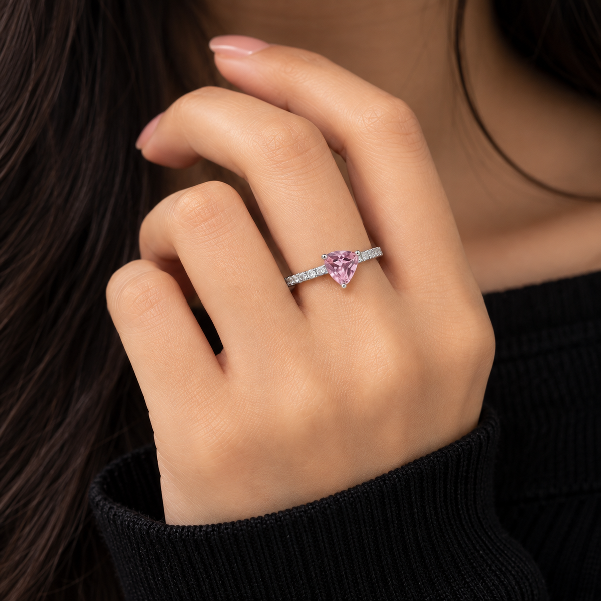 Silver Pink Trillion Cut Solitaire Ring