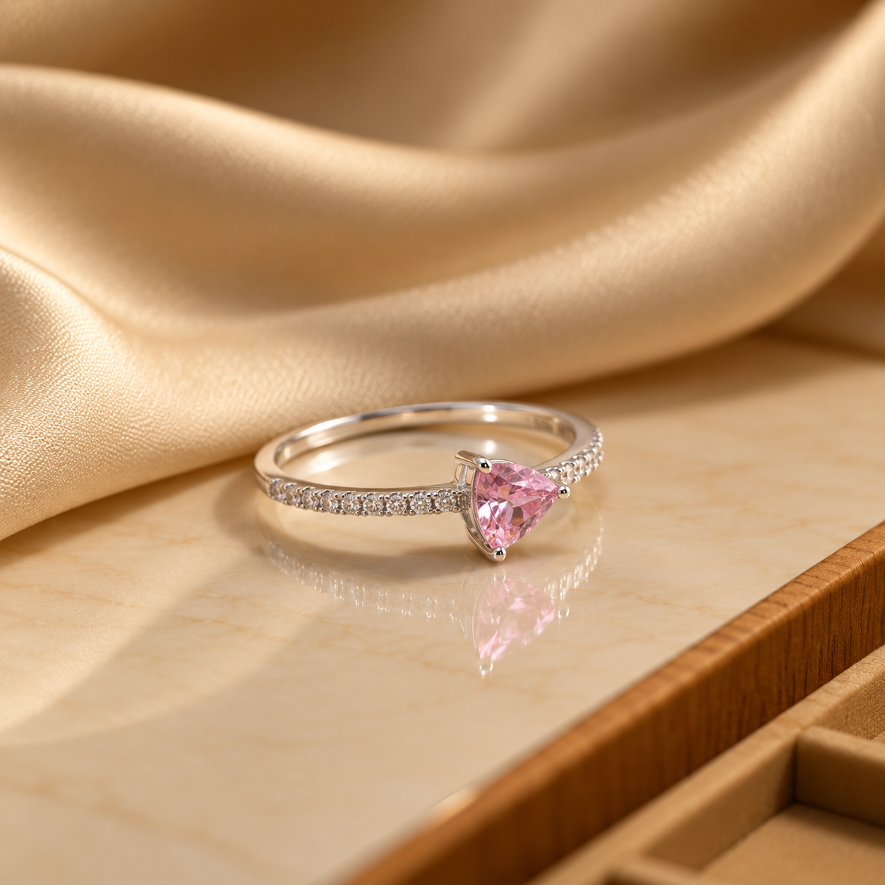Silver Pink Trillion Cut Solitaire Ring