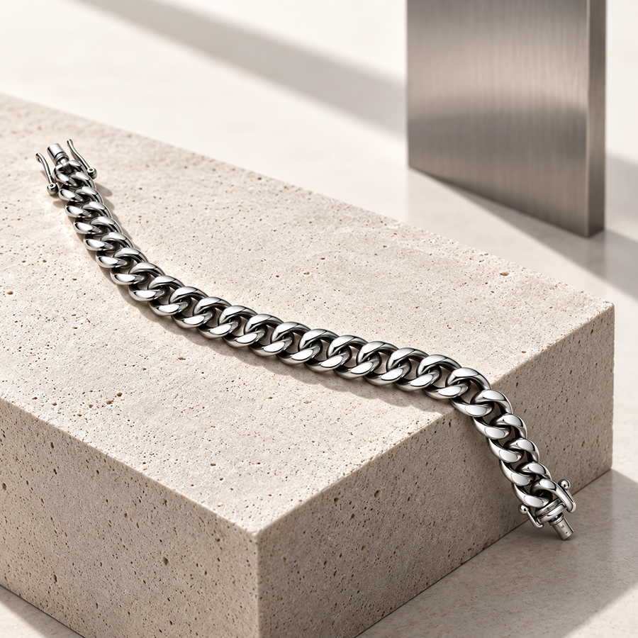 Silver Polished Curb Link Mens Bracelet