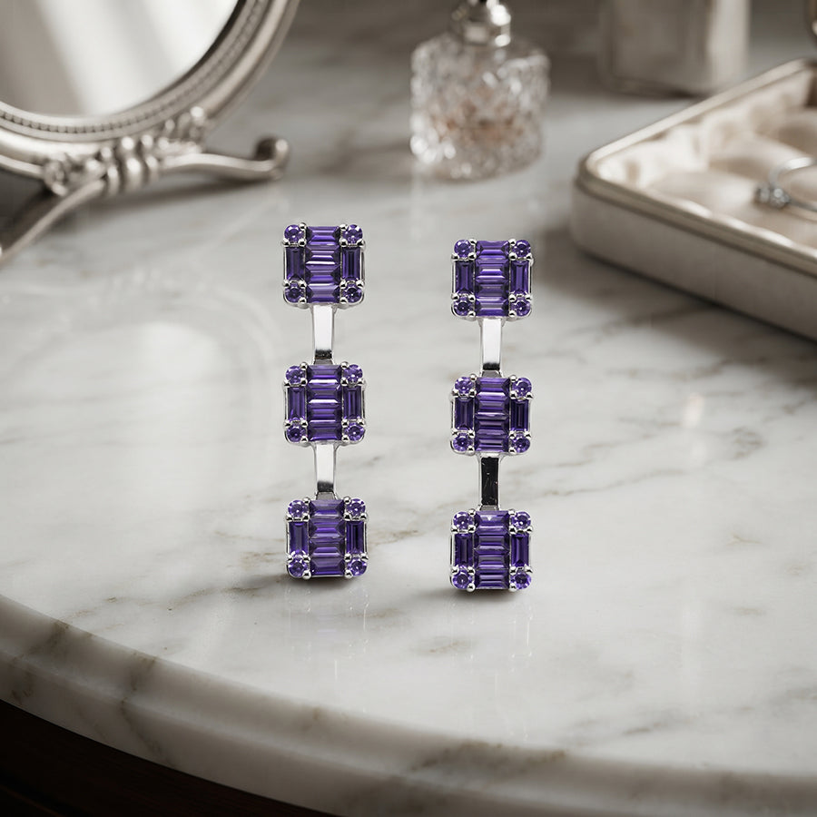 Silver Purple Baguette Triple Bar Drop Earrings
