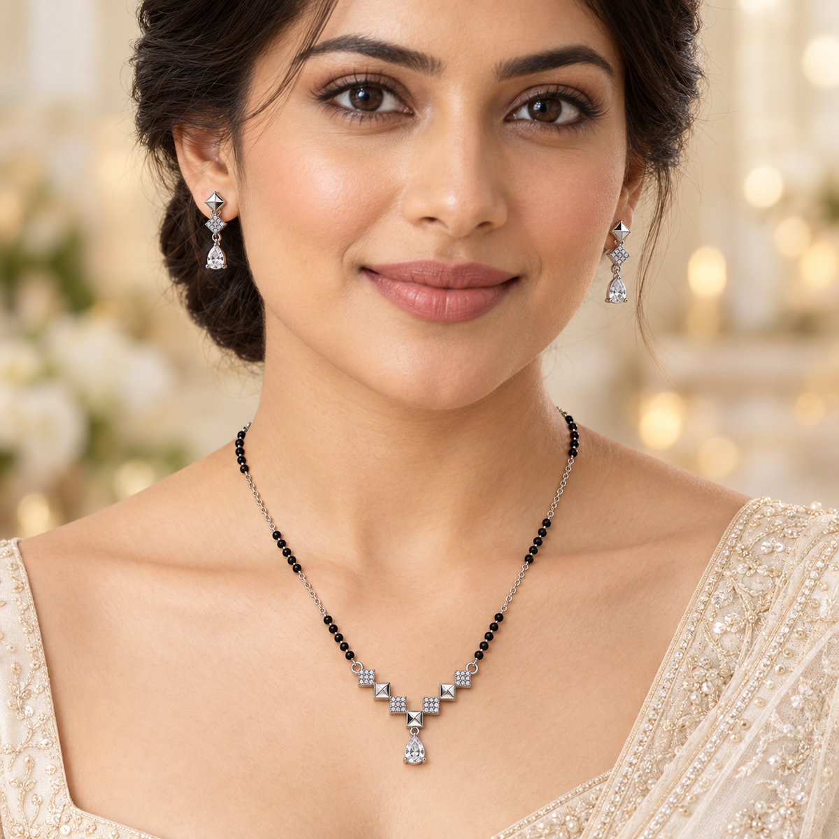 Silver Pyramid Square Geometric Mangalsutra Set