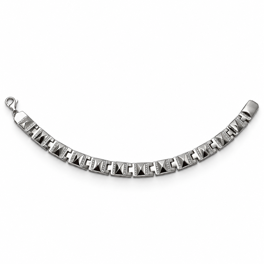 Silver Pyramid Stud Pave Link Mens Bracelet