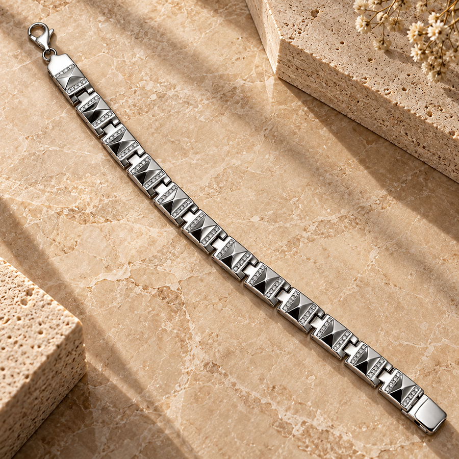 Silver Pyramid Stud Pave Link Mens Bracelet