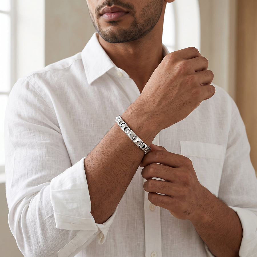 Silver Pyramid Stud Pave Link Mens Bracelet