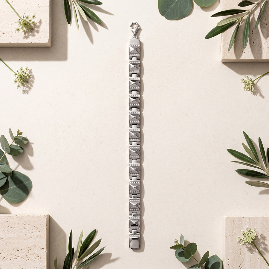Silver Pyramid Stud Pave Link Mens Bracelet