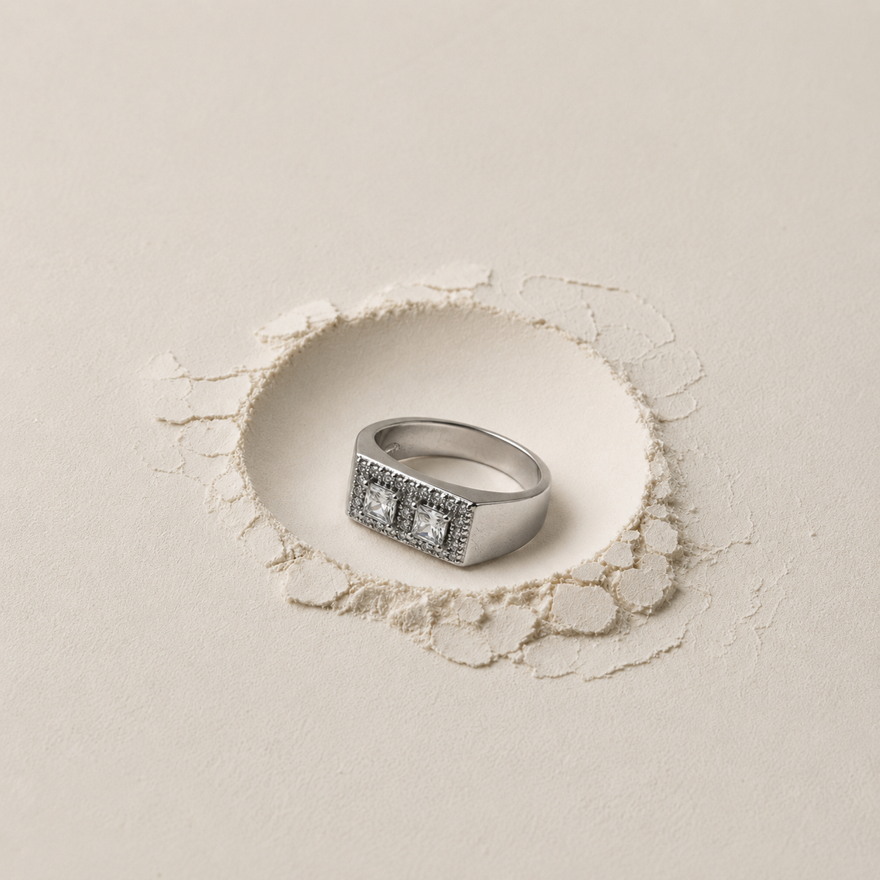 Rectangular cut stone on a flat silver mens ring