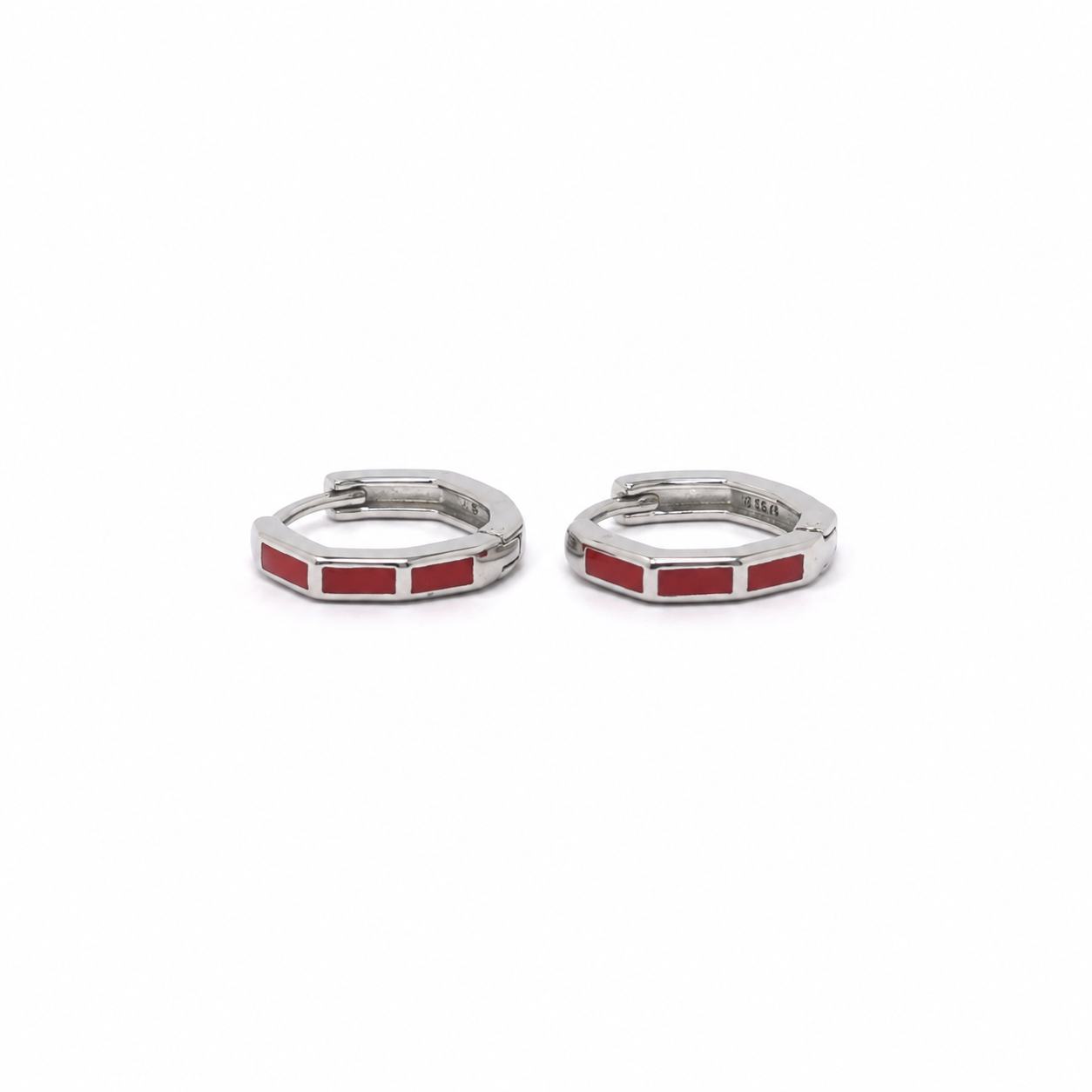 Silver Red Enamel Bar Huggie Earrings_01