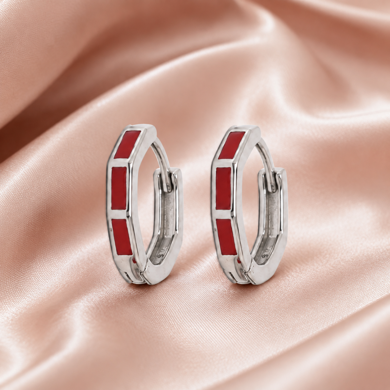 Silver Red Enamel Bar Huggie Earrings_02