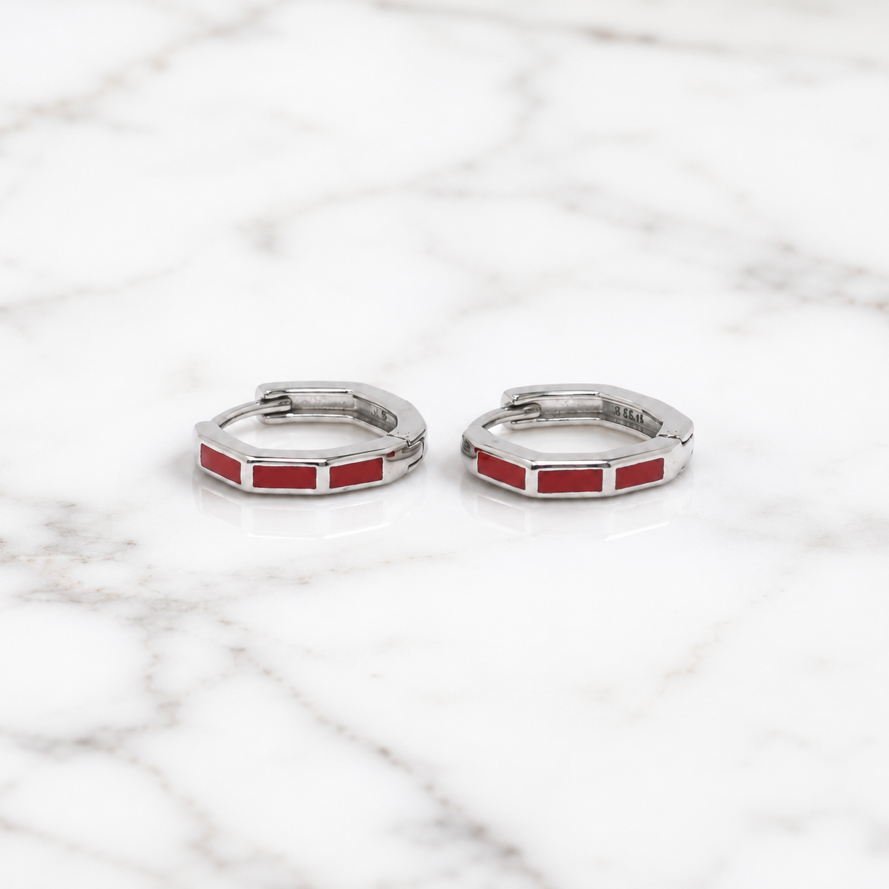Silver Red Enamel Bar Huggie Earrings_04