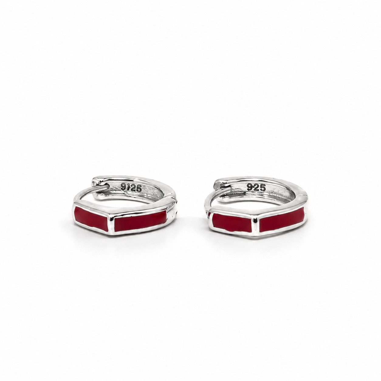 Silver Red Enamel Hexagon Huggie Earrings_01