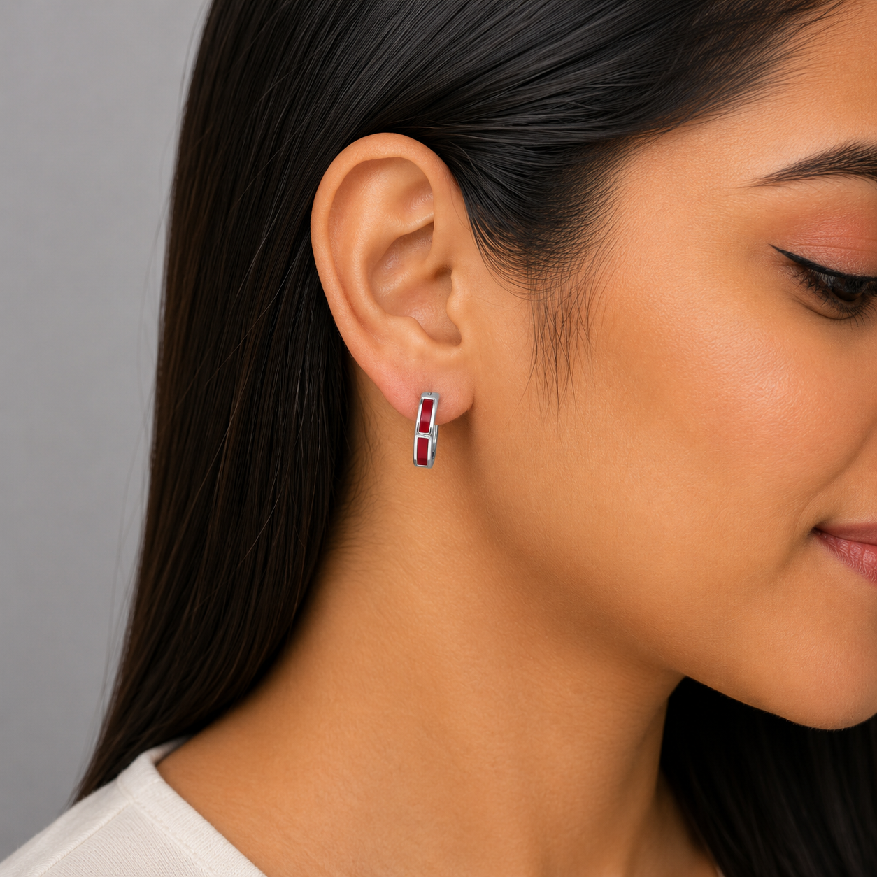 Silver Red Enamel Hexagon Huggie Earrings_02