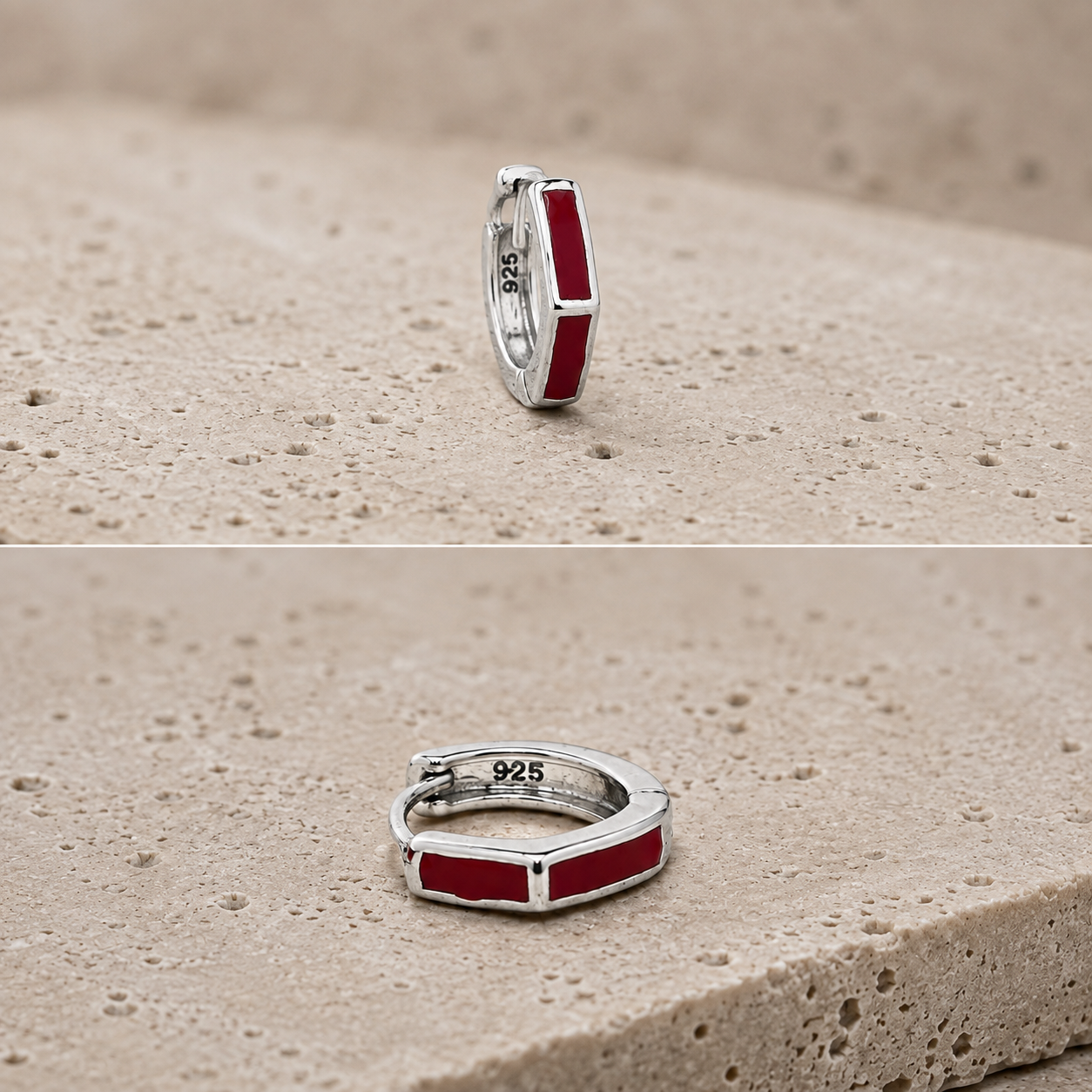 Silver Red Enamel Hexagon Huggie Earrings_03