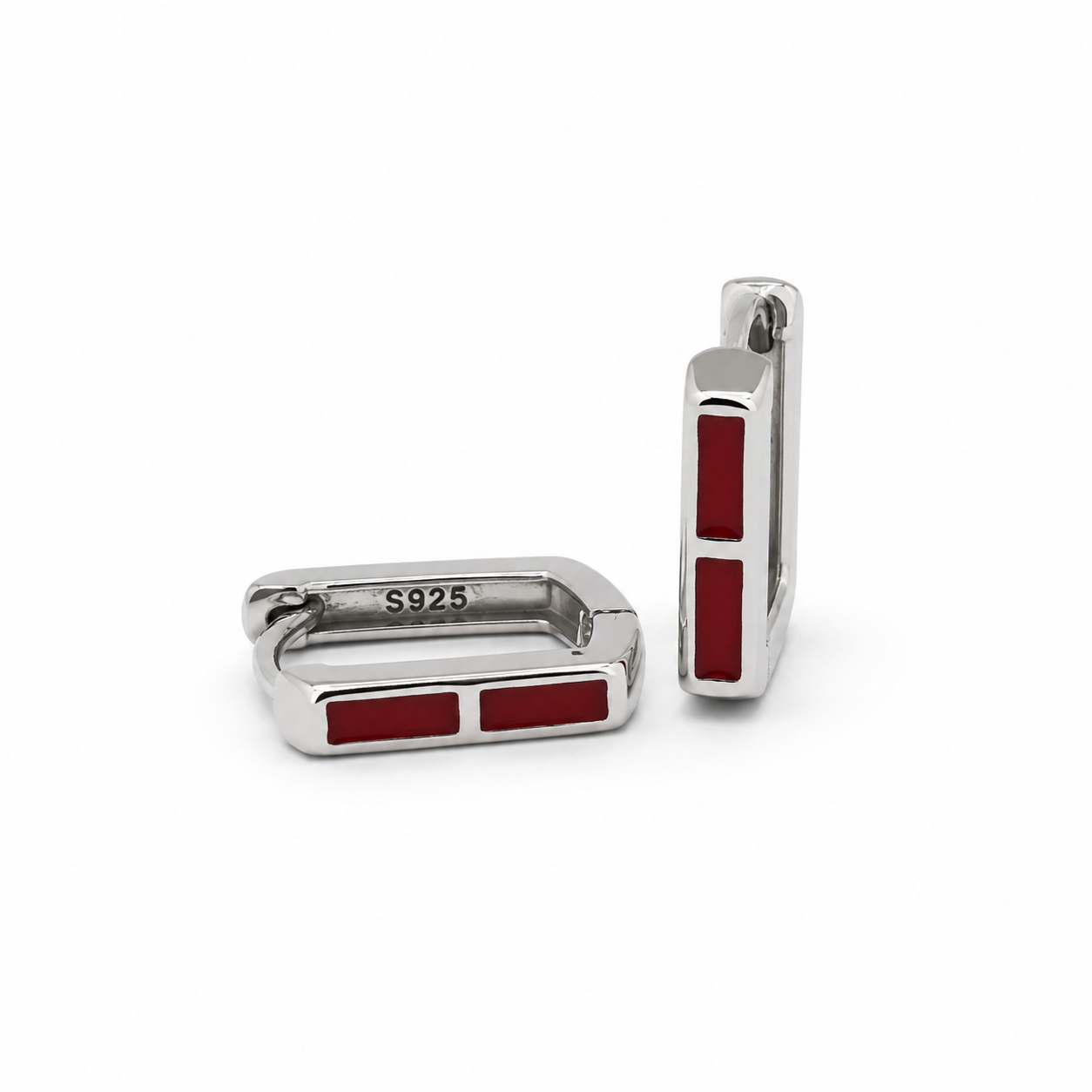 Silver Red Enamel Huggie Earrings_01