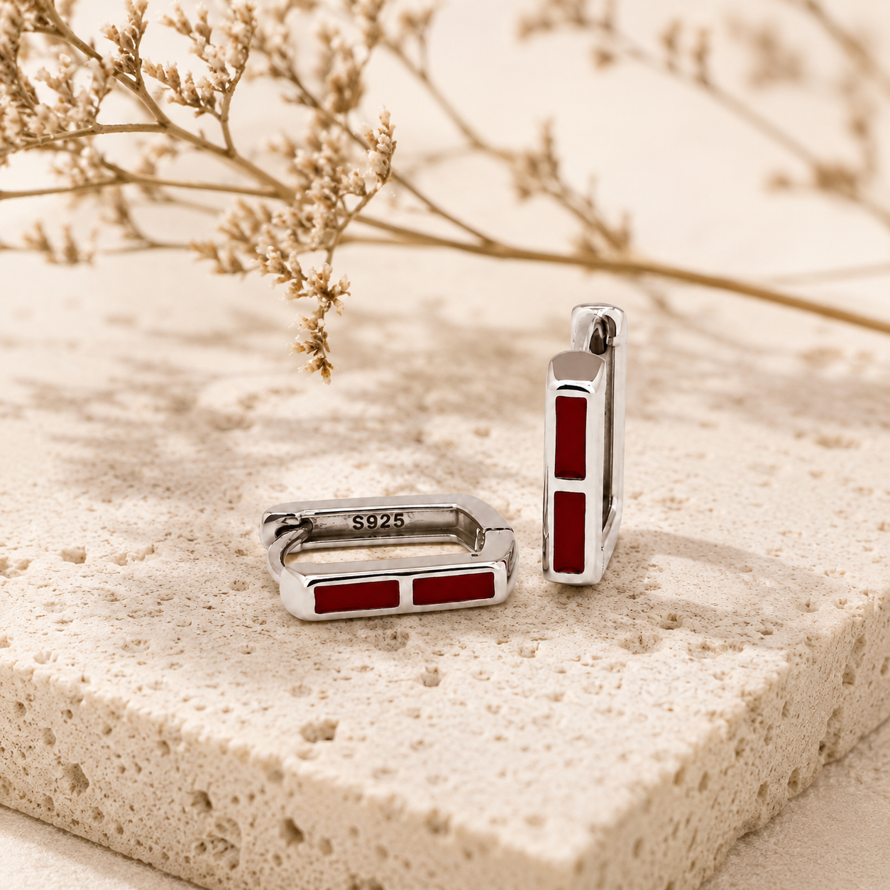 Silver Red Enamel Huggie Earrings_02