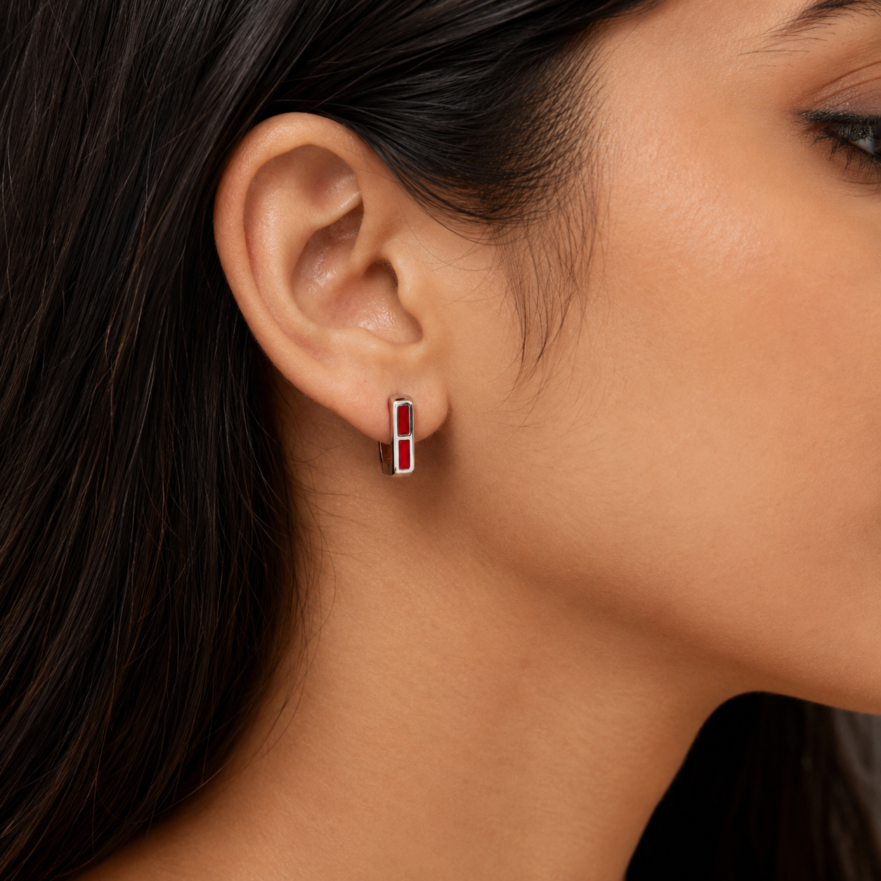 Silver Red Enamel Huggie Earrings_03