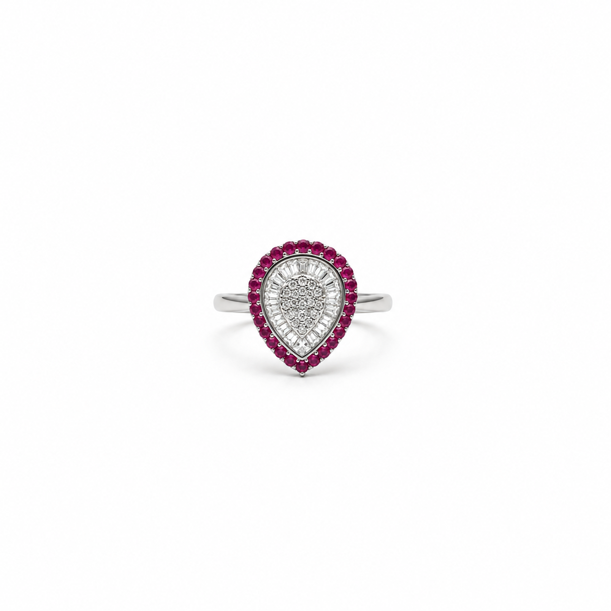 Silver Red Halo Pear Cluster Ring