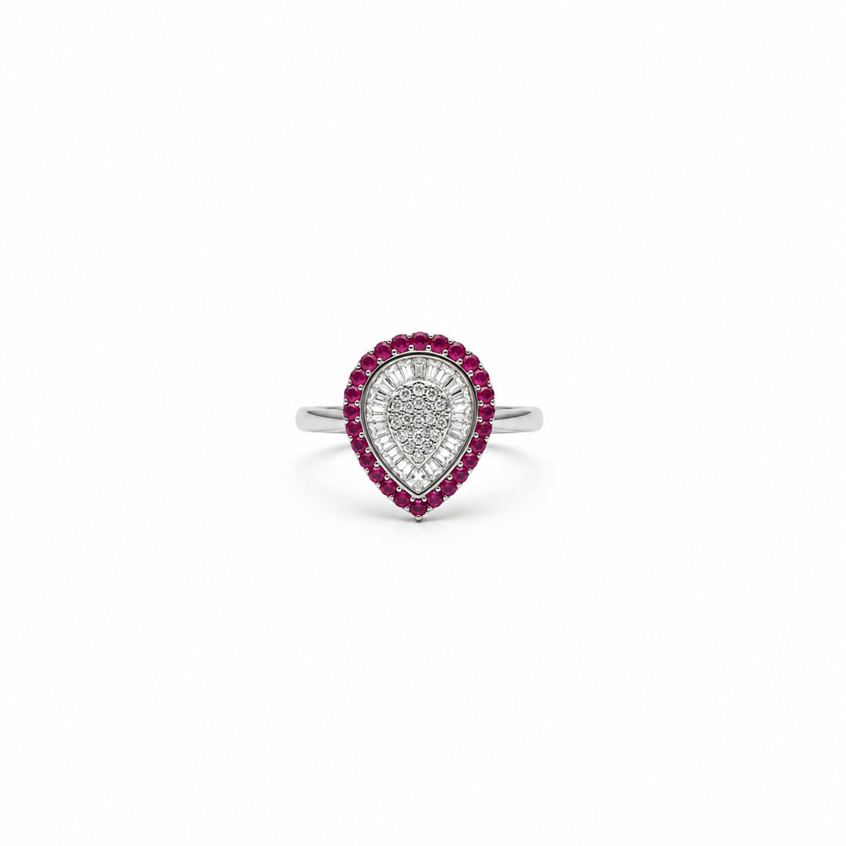 Silver Red Halo Pear Cluster Ring