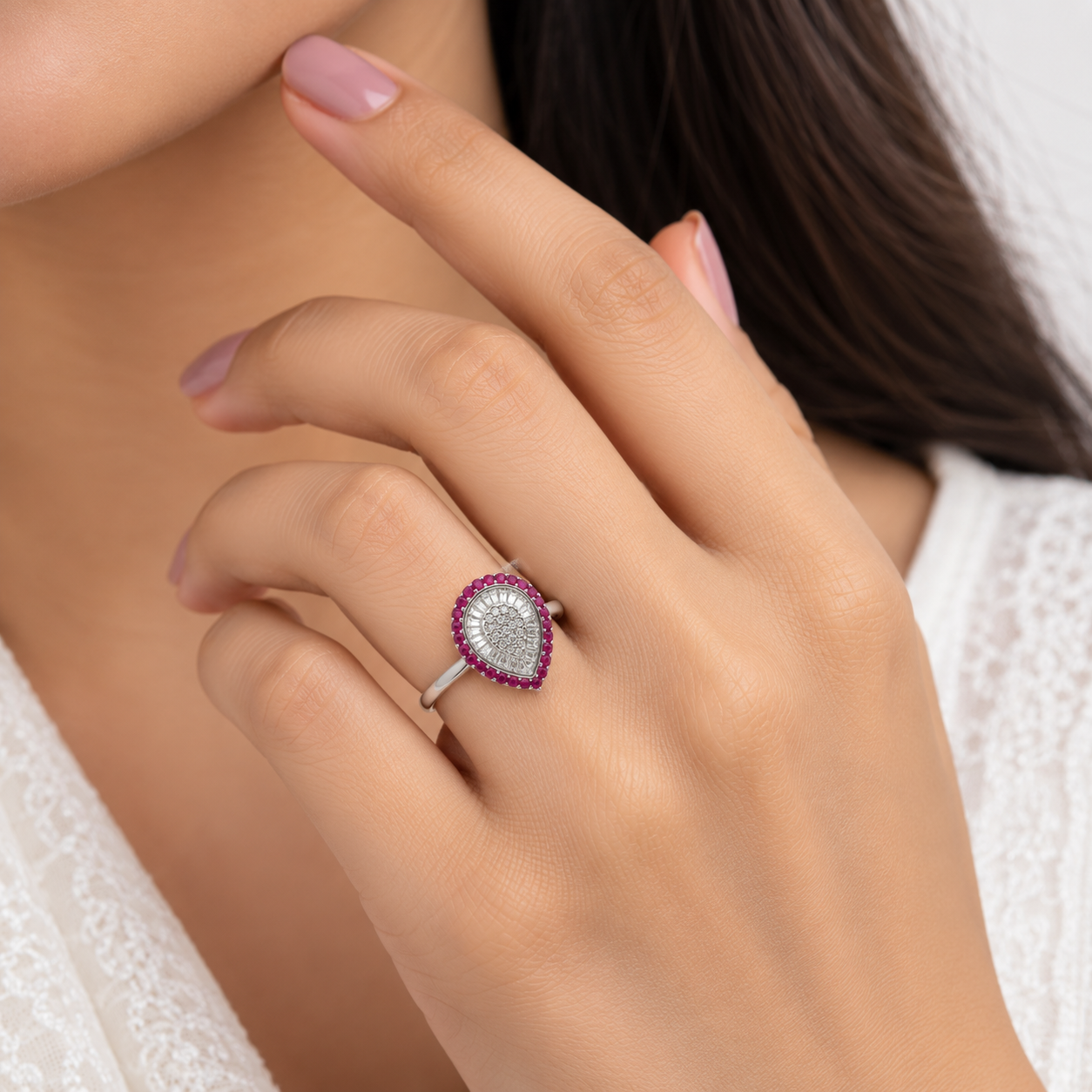 Silver Red Halo Pear Cluster Ring
