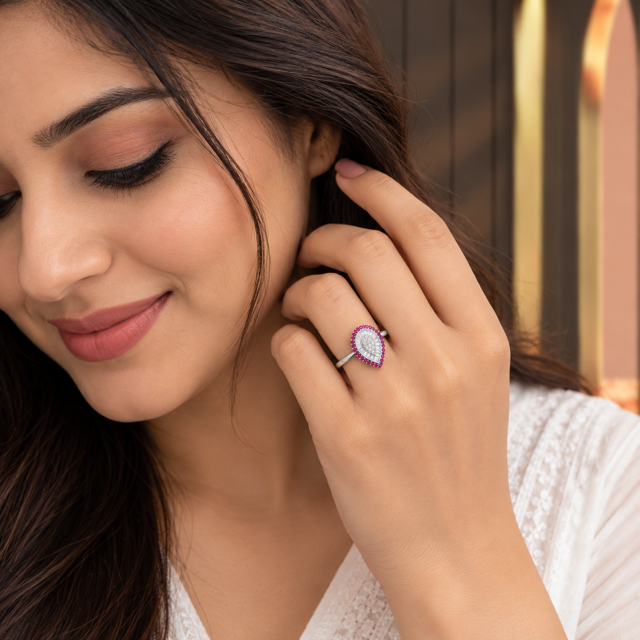 Silver Red Halo Pear Cluster Ring