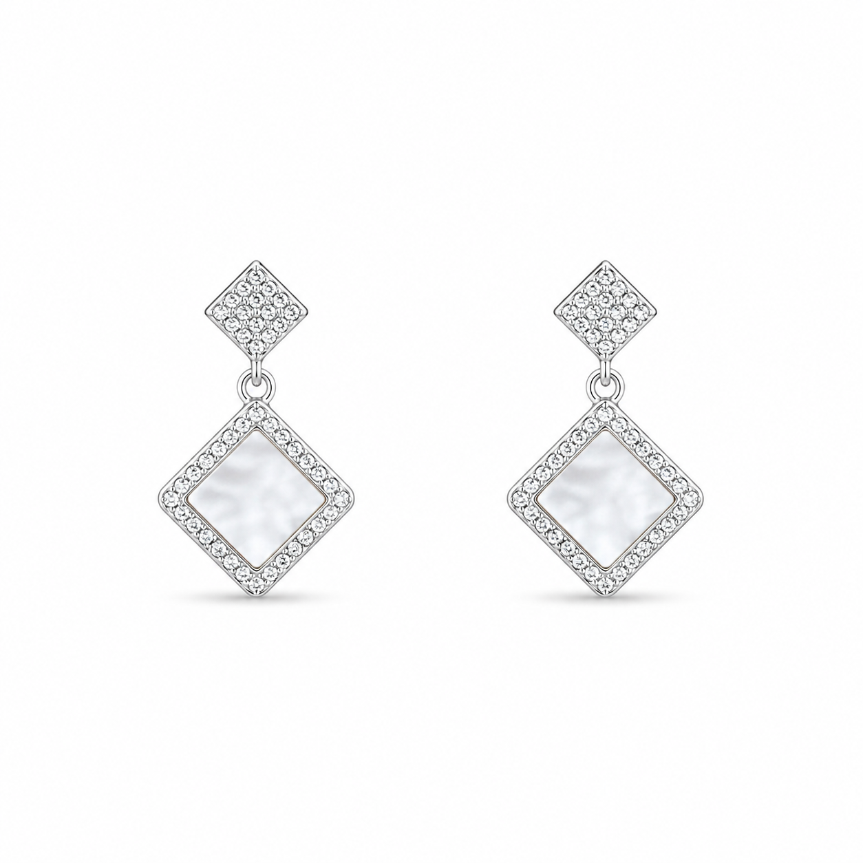 A pair of Silver Rhombus Mother of Pearl Halo Drop Earrings on a white background.
