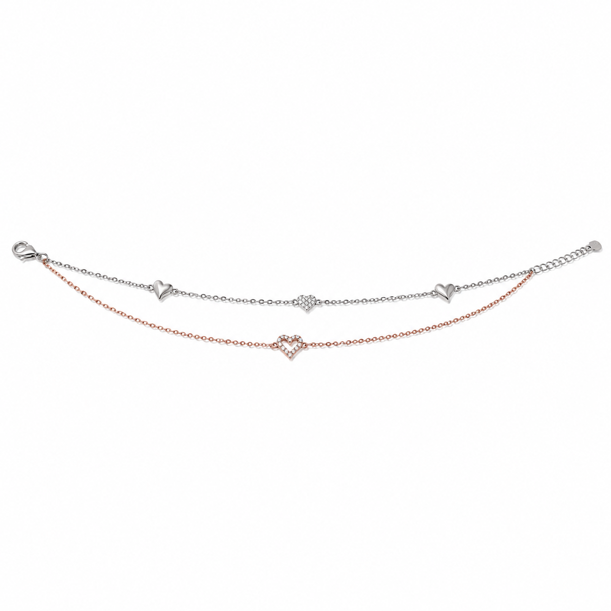 Rose gold anklet with pave heart charms in silver